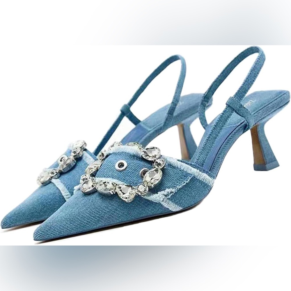 Zara Denim Y2K Slingback Kitten Heels